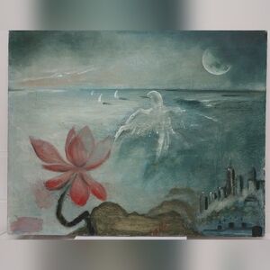 Roberto Soto Surrealist Ethereal Red and Blue Ocean Oil Painting
